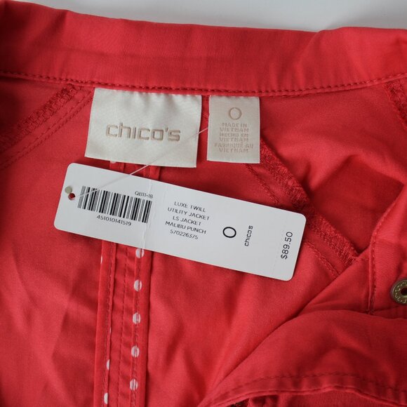 Chico's Luxe Twill Utility Jacket Malibu Punch zip snap front closure 0 4 S New - Picture 5 of 7